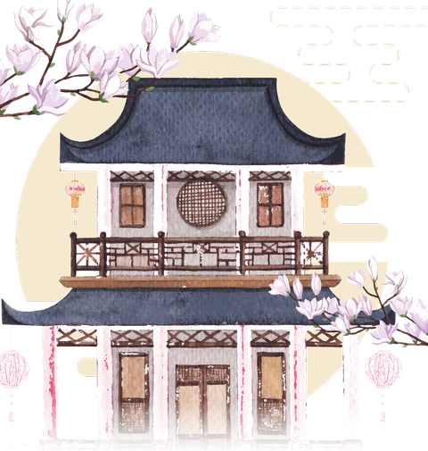 Ilustração: pavilhão chinês com magnólias